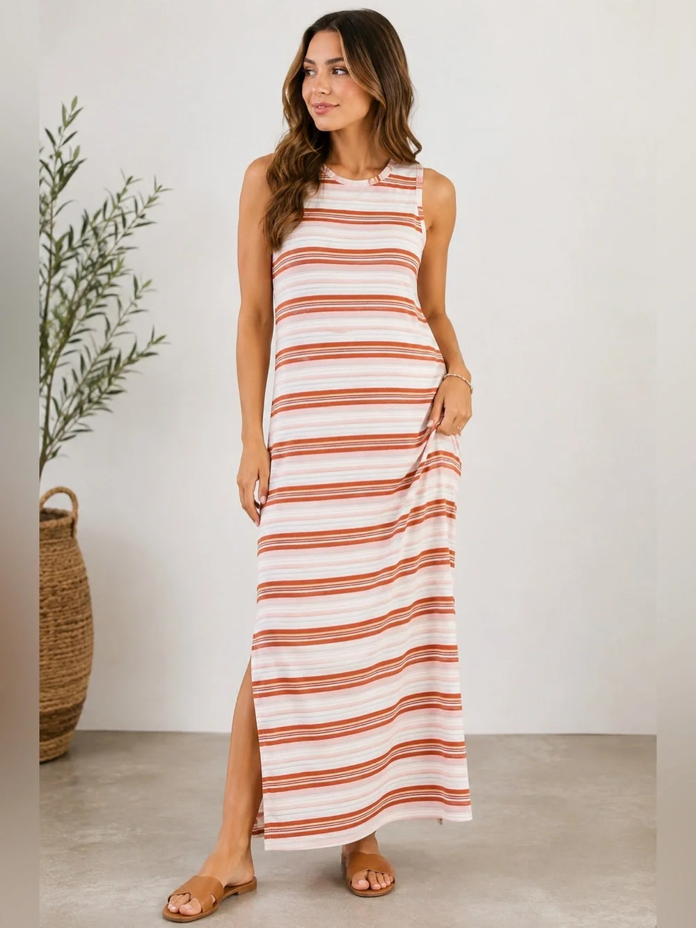 SO Striped Sleeveless Maxi Dress 100% Cotton Coral White Size XL